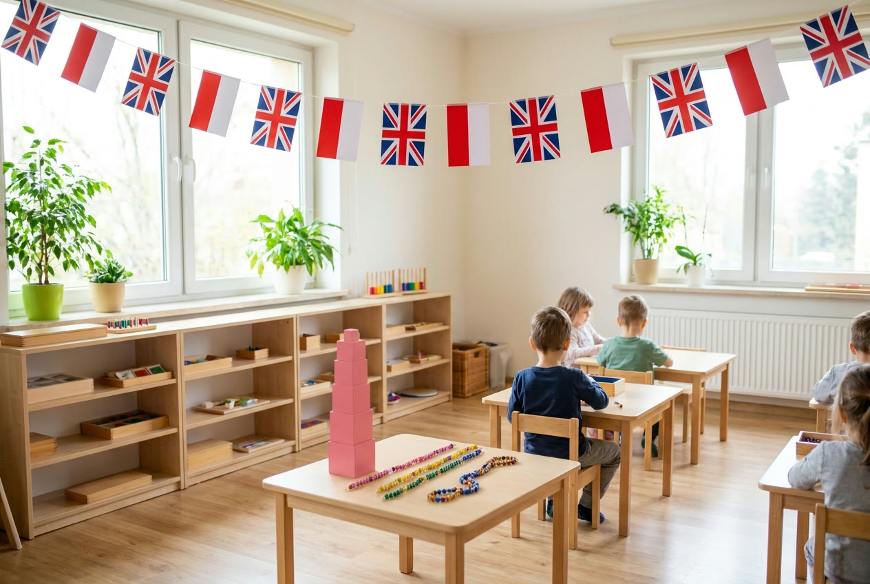 Jasna sala przedszkola dwujęzycznego z materiałami Montessori i girlandą flag Polski i Wielkiej Brytanii