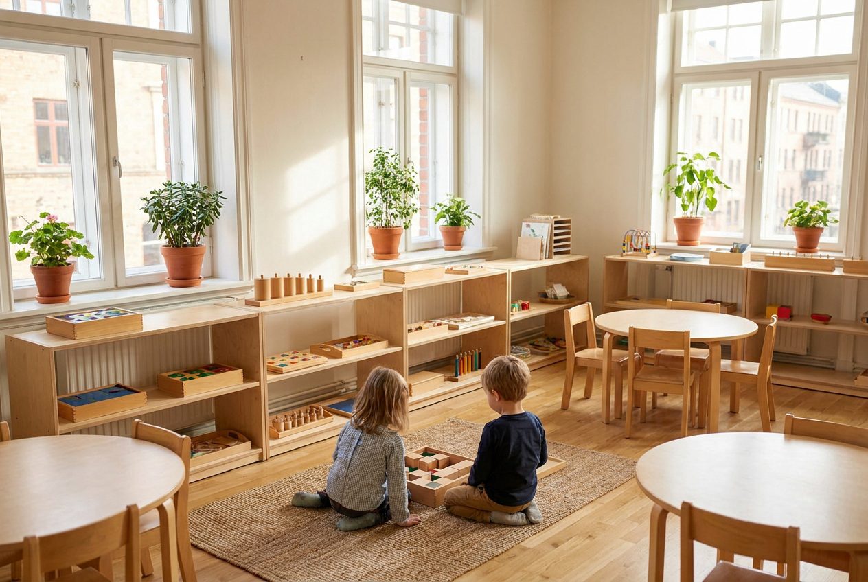 Jasna sala przedszkola Montessori z niskimi regałami i dziećmi pracującymi na macie